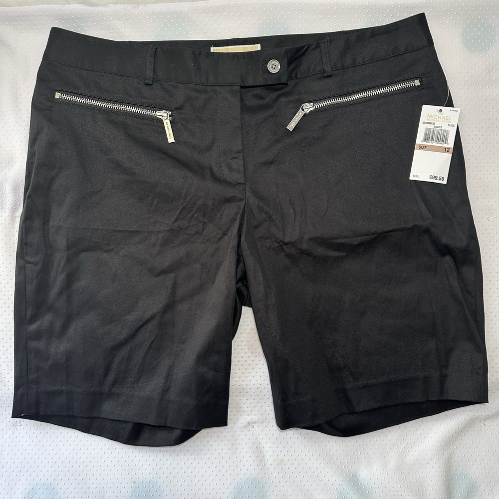 NEW-T Michael Kors Women's Flat‎ Front Zipper Pockets Black Shorts Size 12